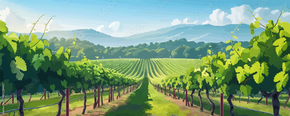 Poster tranquil countryside vineyard with rows of grapevines. vector flat minimalistic isolated illustratio