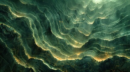 A stylized green mountain range with glowing edges