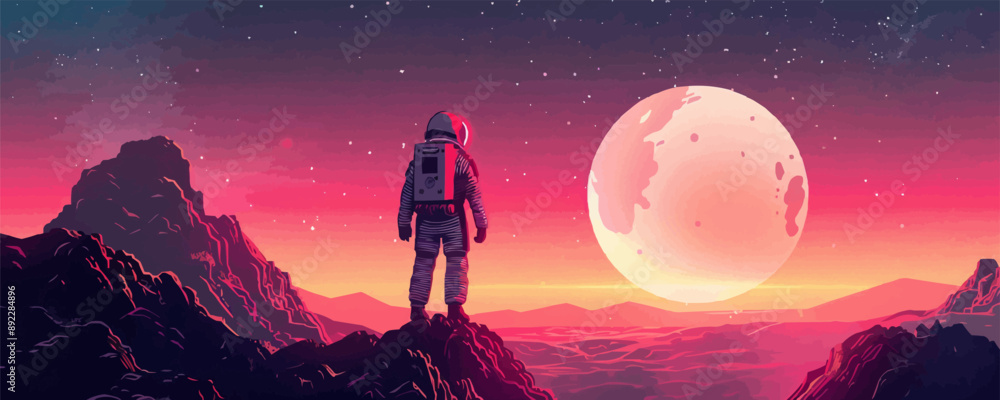 Poster sci-fi astronaut exploring an alien planet vector flat minimalistic isolated illustration