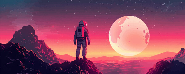 Obraz premium Sci-fi astronaut exploring an alien planet Vector flat minimalistic isolated illustration