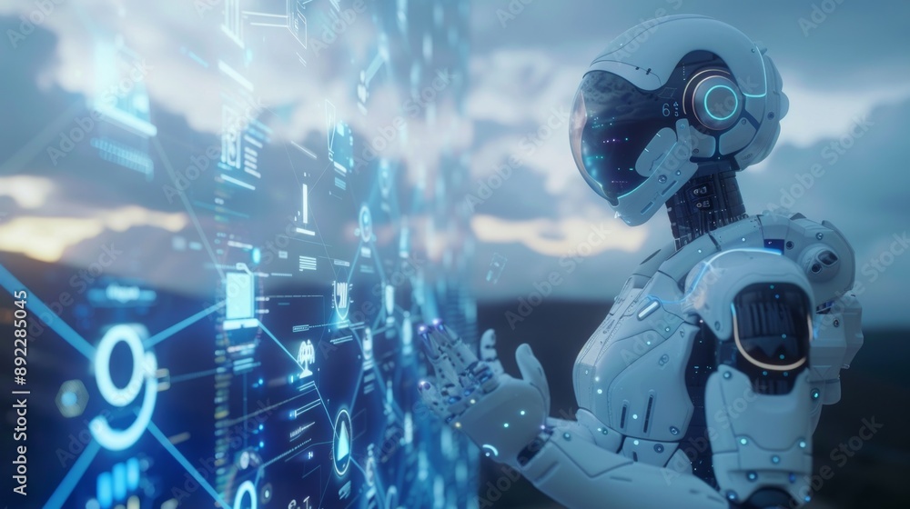 Poster high-tech robot interacting with digital holographic interface, symbolizing future ai advancements a
