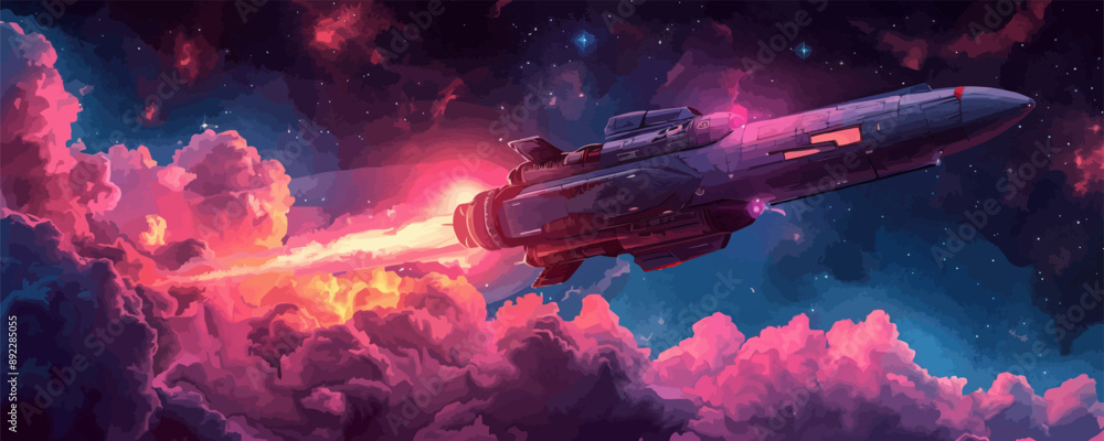 Poster abandoned spaceship drifting in outer space. vector flat minimalistic isolated illustration.