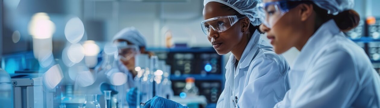 Engineers analyzing system operations in a research facility, clear text area, analyze