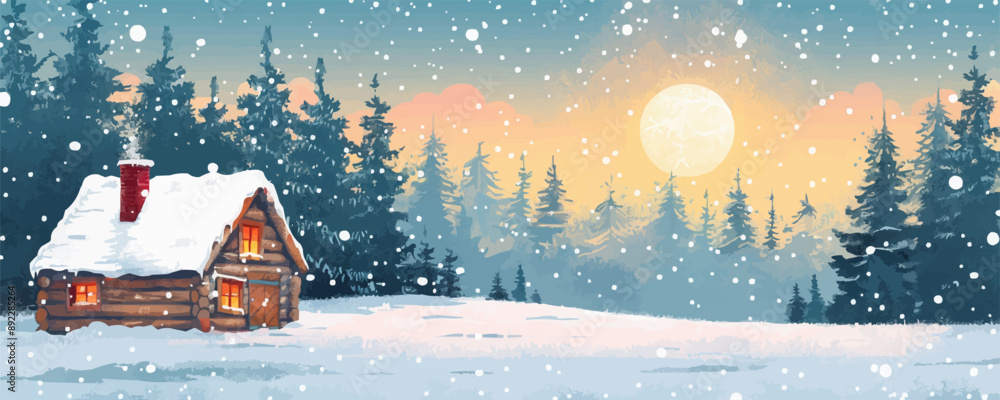 Poster rustic log cabin in a snowy forest clearing vector flat minimalistic isolated illustration
