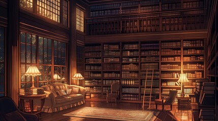 A cozy room with a couch, a chair, and a bookcase filled with books. Anime background. Anime wallpaper