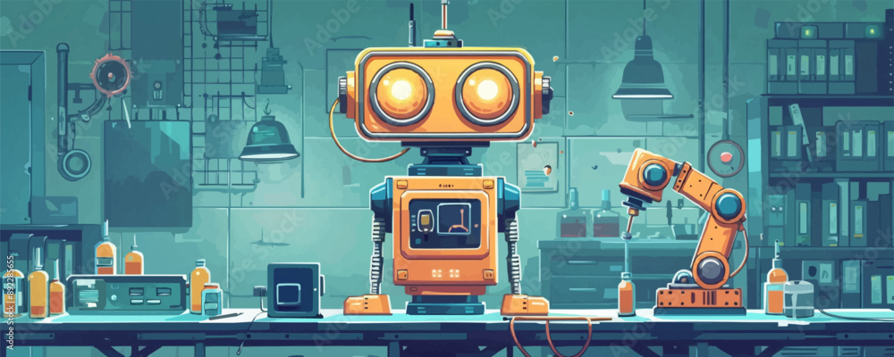 Poster steampunk robot in a laboratory vector flat minimalistic isolated illustration