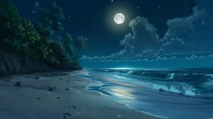 A beach at night with a full moon in the sky. Anime background. Anime wallpaper