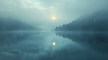 A misty morning over a tranquil lake with a reflection of the rising sun.