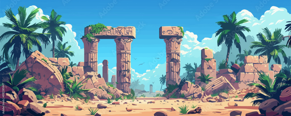 Poster ancient ruins with crumbling stone columns and hieroglyphics vector flat minimalistic isolated