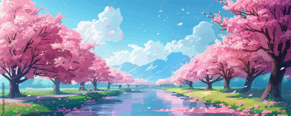 Poster a tranquil riverside path lined with cherry blossom trees in full bloom. vector flat minimalistic is