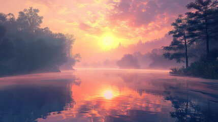 A misty morning over a tranquil lake with a reflection of the rising sun.