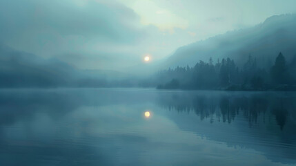 A misty morning over a tranquil lake with a reflection of the rising sun.