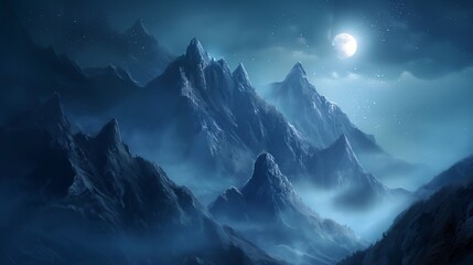 Obraz premium A mountain range with a large moon in the sky. Anime background. Anime wallpaper