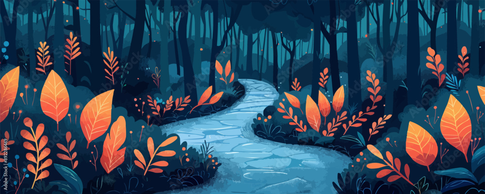 Aufkleber enchanted forest with winding paths and hidden creatures vector flat minimalistic isolated illustrat