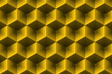 Abstract cube pattern on yellow background. Isometric, 3d space looks like optical illusion