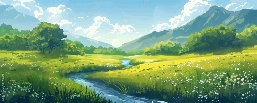 Aufkleber a serene meadow with a gentle stream winding through it. vector flat minimalistic isolated