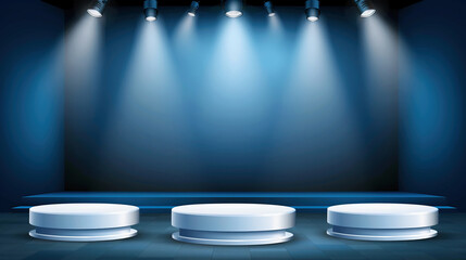 Debate or speech stage with microphones under a spotlight. Business speaker public presentation podium, political election tribune or conference, president candidate argument platform