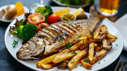Grilled fish with spices, salad and vegetables on a plate.