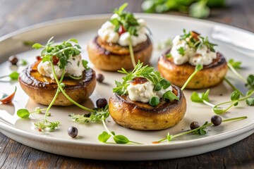 Grilled mushrooms filled with cream cheese and garnished with herbs