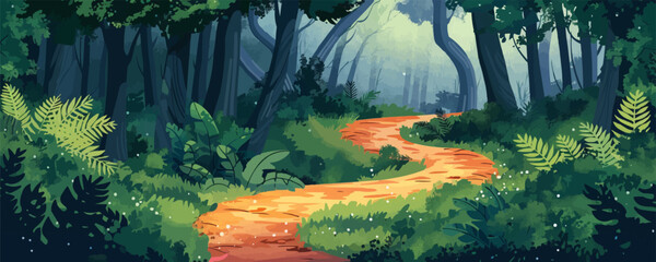 A mystical forest path winding through ancient trees and ferns. Vector flat minimalistic isolated illustration.