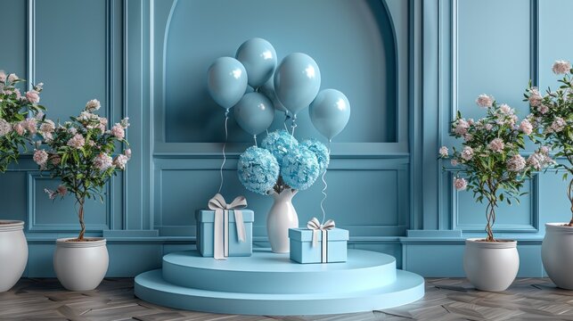 Blue and White Interior Decor with Balloons and Flowers