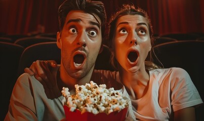 A couple with wide eyes and popcorn, reacting to a movie in a theater.