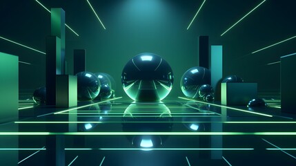 3d rendering of blue and green abstract geometric background. Scene for advertising, technology, showcase, banner, game, sport, cosmetic, business, metaverse. Sci-Fi Illustration. Product display