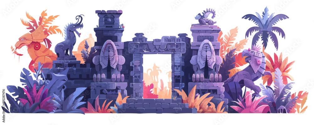 Poster ancient ruins with intricate carvings and statues of mythical creatures vector flat minimalistic iso