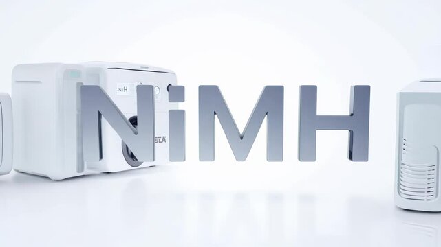 The text "NiMH" on a background of household appliances in white.
Concept: nickel-metal hydride batteries, energy saving technology