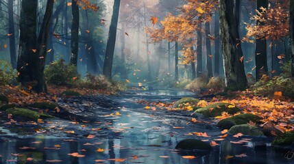 A forest with a stream of water and leaves falling from the trees. Anime background. Anime wallpaper