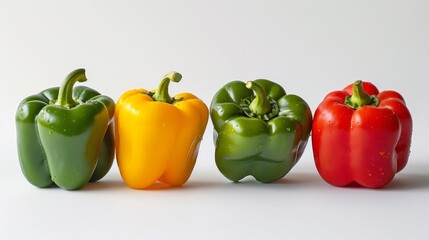Array of fresh capsicum peppers with vibrant colors and glossy skin, promoting their antioxidant properties on a white backdrop 