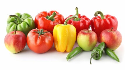 Fresh assortment of ripe produce, including tomatoes, apples, and peppers, isolated on a white background to showcase their quality and health benefits