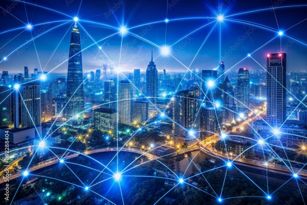 Poster complex network of glowing blue dots and intricate lines forms a futuristic cityscape, symbolizing a