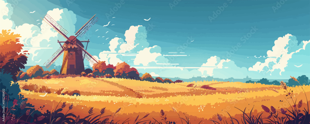 Poster a peaceful countryside scene with a rustic windmill and fields of wheat. vector flat minimalistic is