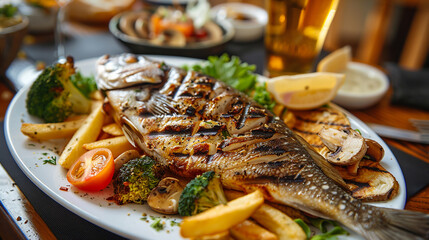 Grilled fish with spices, salad and vegetables on a plate.