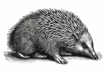 Fototapeta premium Black and white Vintage engraved art of an echidna isolated on white background, ink sketch illustration, simple vector art design, highly detailed line art, high contrasty 
