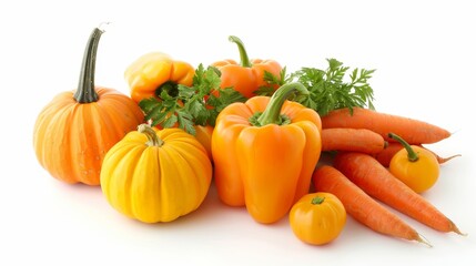 Fototapeta premium Assortment of fresh and healthy orange vegetables, including carrots, bell peppers, and pumpkins, isolated on a clean white background,