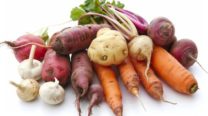 Isolated shot of a selection of vibrant root vegetables, showcasing their natural colors and textures on an empty white surface