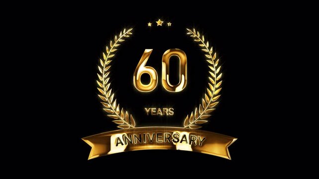 60th Anniversary Celebration. Golden 60 Years Anniversary Animation in Gold Color on the Transparent Background, Alpha Channel. Great for greetings, celebrations, events, and gifts.