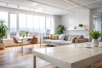 Copy space on a white table with a blurred modern living room in the background.