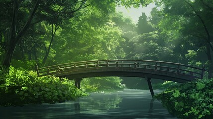 Fototapeta premium A bridge spans a river in a lush green forest. Anime background. Anime wallpaper