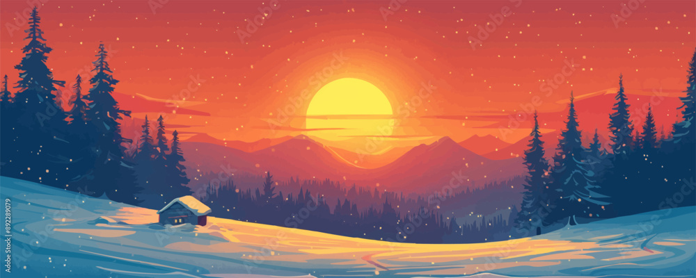 Poster a radiant sunset over a snowy landscape with pine trees and a log cabin in the distance. vector flat