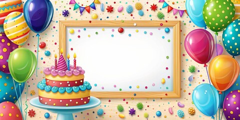 Vibrant birthday photo frame template featuring colorful balloons, delicious cake, and confetti, ideal for customizing birthday cards, invitations, and greeting cards with personal messages.