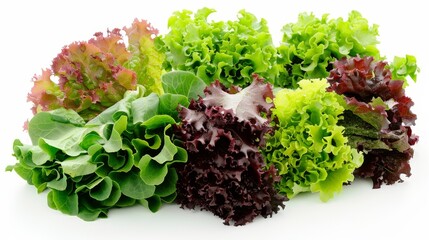 Group of assorted lettuce leaves, such as butterhead and leaf lettuceon a pristine white background
