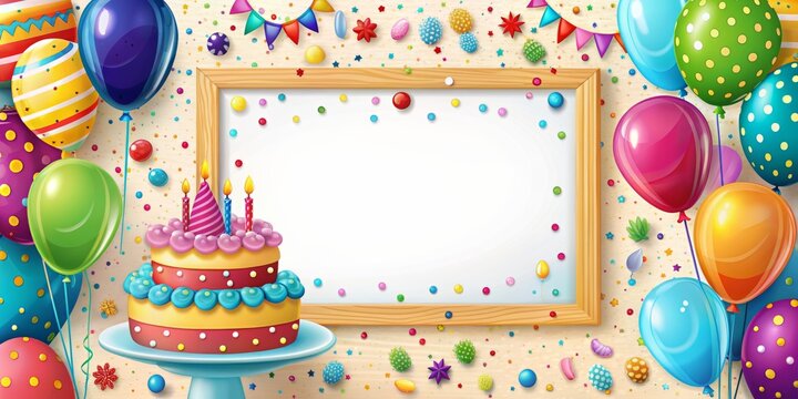 Vibrant birthday photo frame template featuring colorful balloons, delicious cake, and confetti, ideal for customizing birthday cards, invitations, and greeting cards with personal messages.
