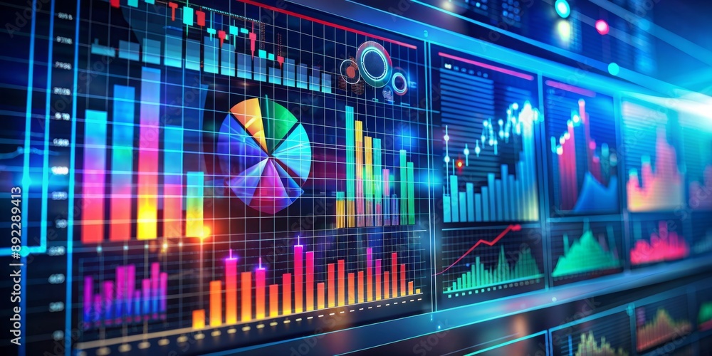Poster vibrant financial data visualizations on a sleek digital screen display charts, graphs, and metrics,