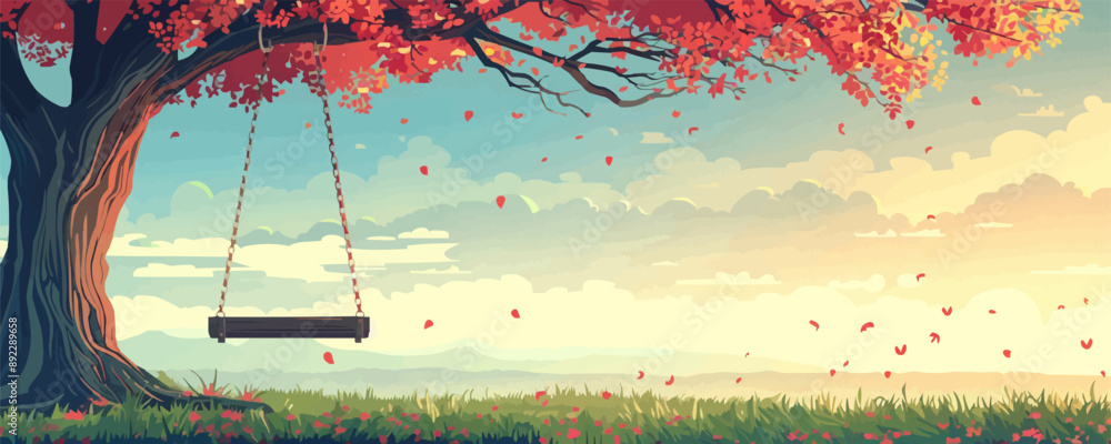 Aufkleber swing hanging from a branch of a giant tree. vector flat minimalistic isolated illustration.