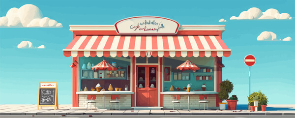 Vintage ice cream parlor with striped awnings Vector flat minimalistic isolated illustration