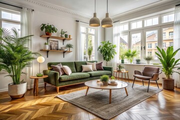 Fototapeta premium Elegant living room with comfortable sofa, mid century furniture, cozy carpet, wooden floor, white walls, and lush green home plants exuding modern Scandinavian charm.