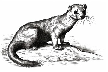 Obraz premium Black and white Vintage engraved art of a weasel isolated on white background, ink sketch illustration, simple vector art design, highly detailed line art, high contrasty